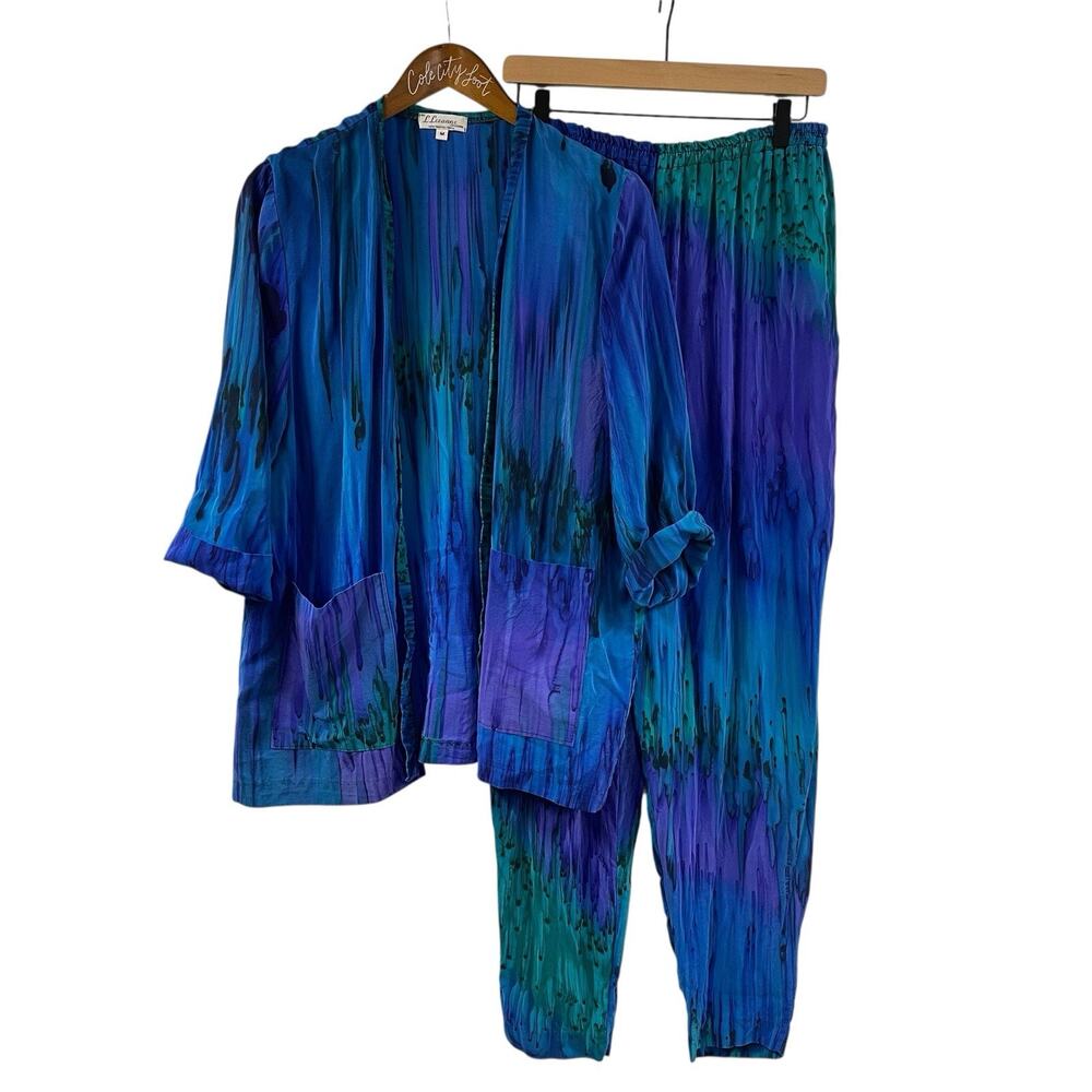 L Leeanne PantSet Hand Painted Silk Drippy Blue Artisan Lagenlook Elastic Waist